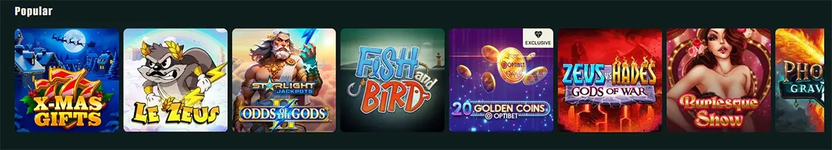 Row of popular slot games including X-Mas Gifts, Le Zeus, Starlight Jackpots: Odds of the Gods, Fish and Bird, 20 Golden Coins, Zeus vs Hades: Gods of War, Burlesque Show, and Phoenix Grave.