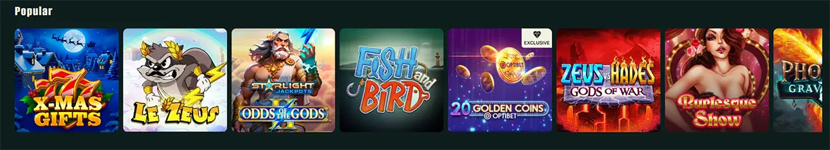 Row of popular slot games including X-Mas Gifts, Le Zeus, Starlight Jackpots: Odds of the Gods, Fish and Bird, 20 Golden Coins, Zeus vs Hades: Gods of War, Burlesque Show, and Phoenix Grave.