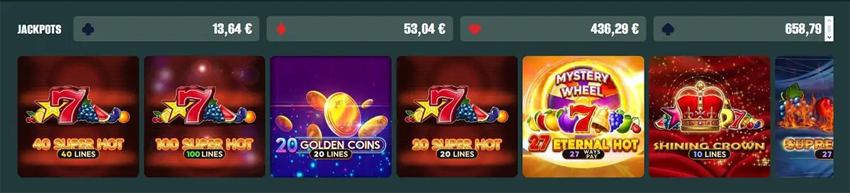 Row of jackpot slot games including 40 Super Hot, 100 Super Hot, 20 Golden Coins, 20 Super Hot, Mystery Wheel 27 Eternal Hot, Shining Crown, and Supreme Hot, with displayed jackpot amounts above.
