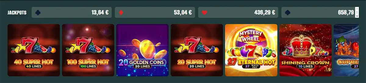 Row of jackpot slot games including 40 Super Hot, 100 Super Hot, 20 Golden Coins, 20 Super Hot, Mystery Wheel 27 Eternal Hot, Shining Crown, and Supreme Hot, with displayed jackpot amounts above.