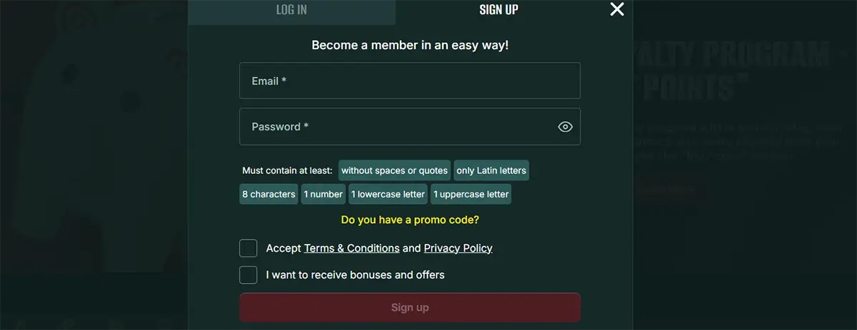Online casino sign-up form requesting email, password, and agreement to terms, with password requirements and optional promo code section displayed.