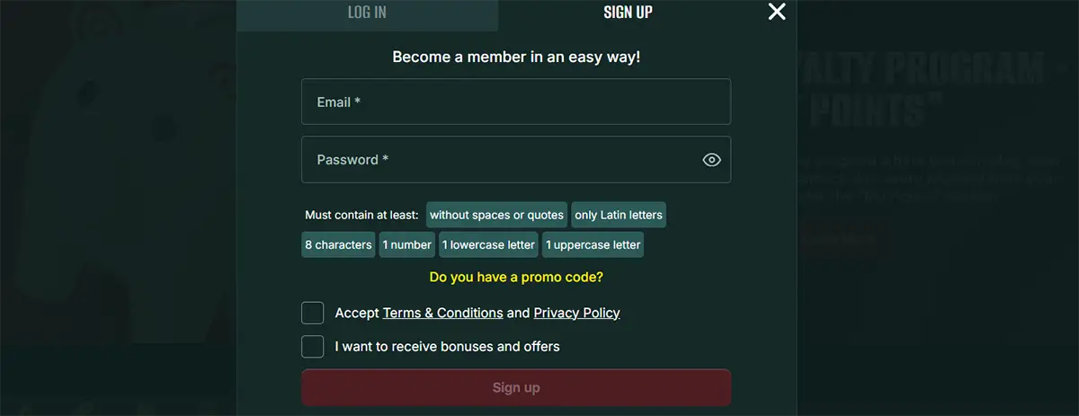 Online casino sign-up form requesting email, password, and agreement to terms, with password requirements and optional promo code section displayed.